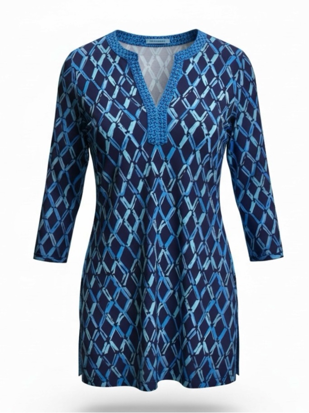 NEW J. McLaughlin Navy and Light Blue Geometric 3/4 Sleeve Tunic Top Size Small